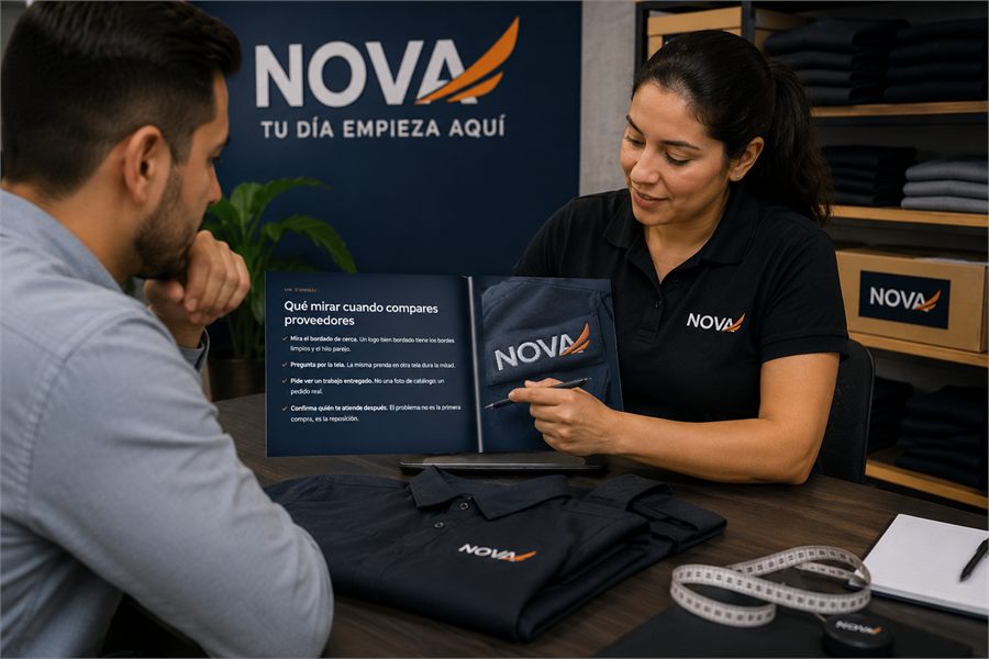 Asesor de Nova mostrando una prenda a un cliente