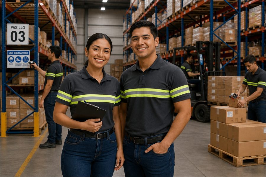 Personal uniformado en bodega industrial